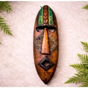 Hand Carved African Mask from Ghana | Wooden Tribal Wall Art with Beaded Detail
